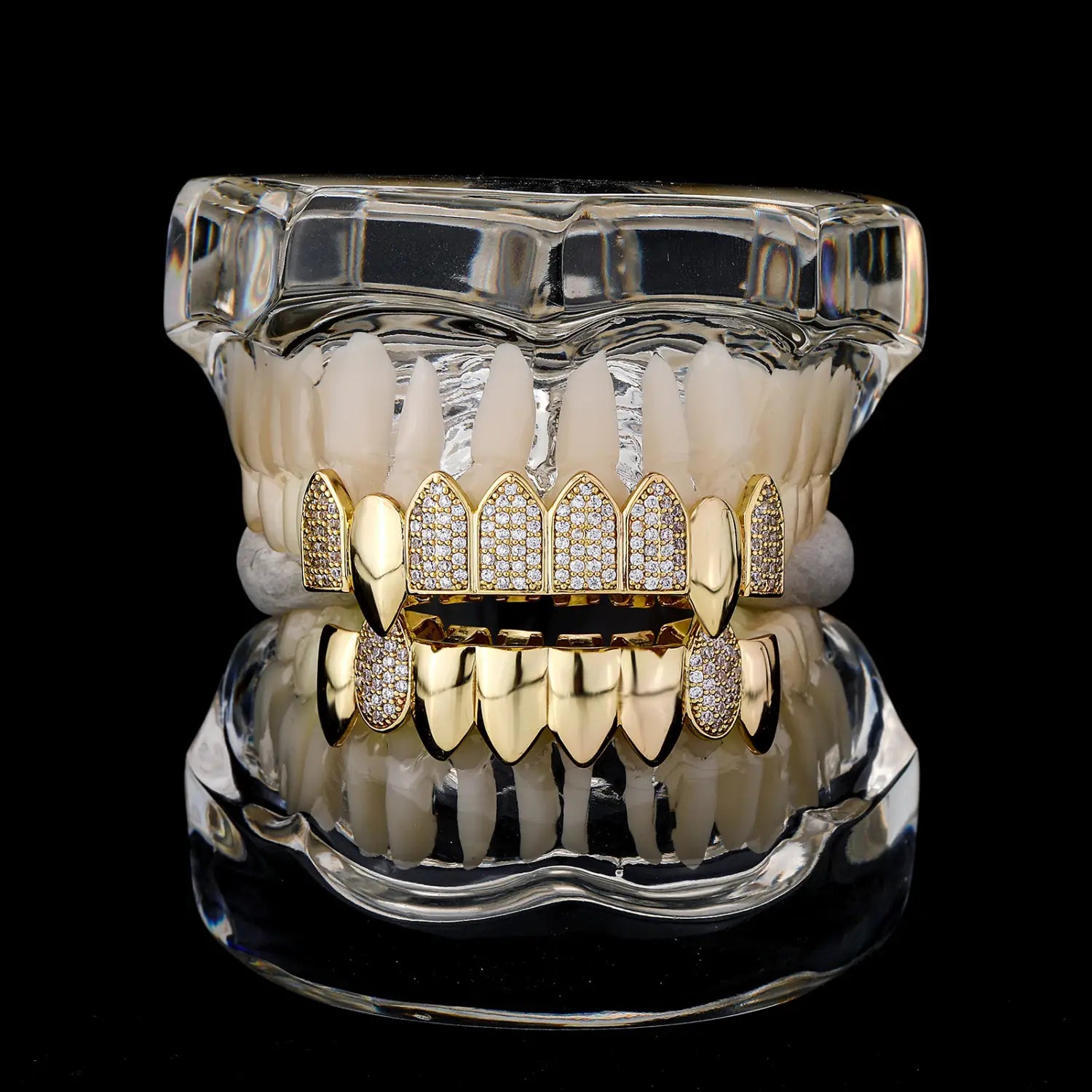 Hip Hop Full CZ Stone Teeth Grillz Caps Cubic Zircon Iced Out Micro Pave Top&Bottom Charm Grills for Men Women Punk Jewelry