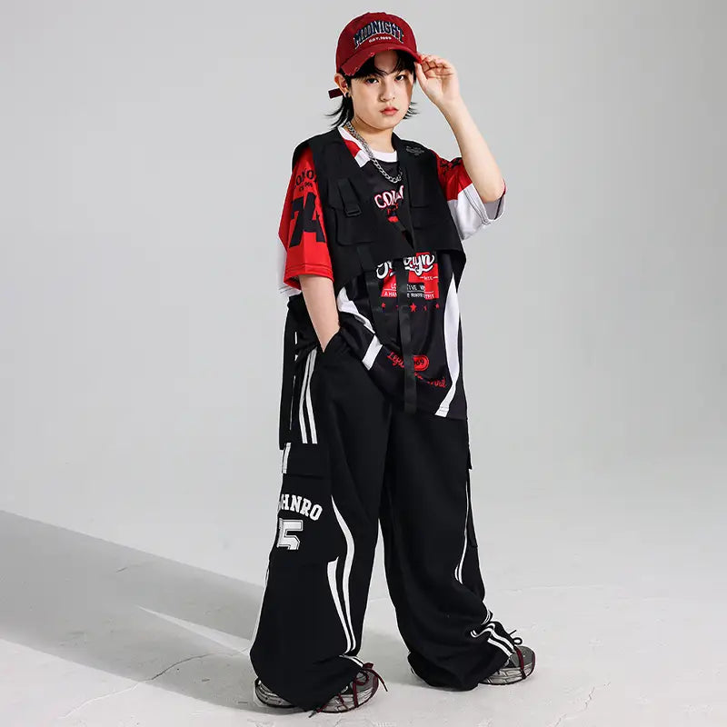 Hip Hop Boys Contrast T-shirt Red Vest Cargo Pants Girls K-pop Street Dance Clothes Sets Kids Jazz Costumes Children Streetwear