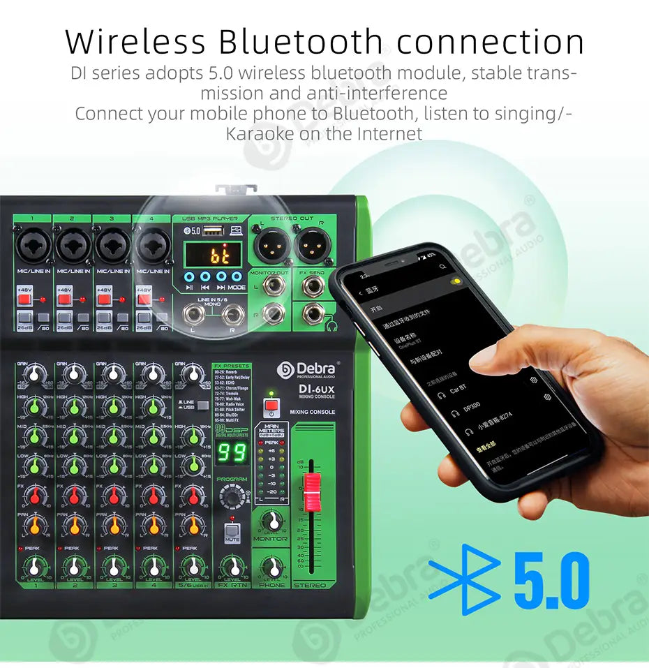 Debra DI pro Mixer Audio for Home Karaoke Live Broadcast Recording Studio with 99 DSP Digital Effects And USB MP3 Input