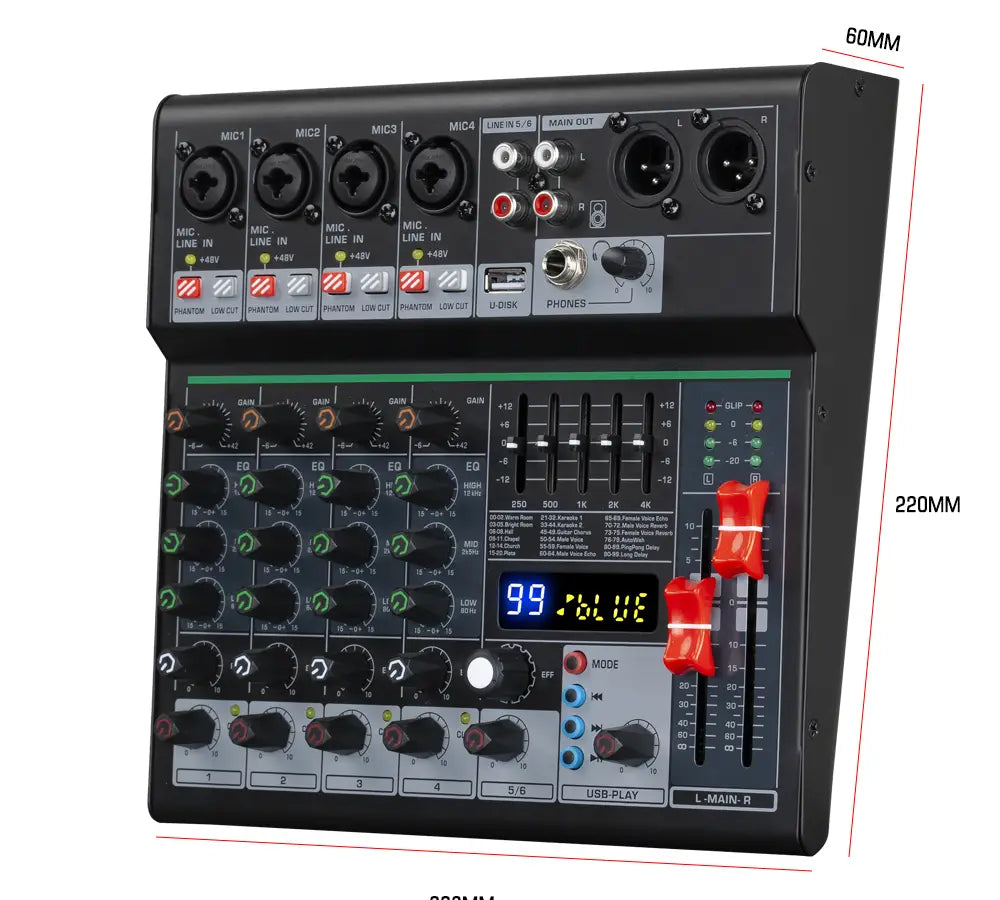 Professional DJ Party High Quality Music Recording Singing 6 Channel Audio Mixer Console