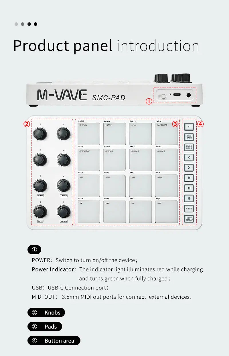 M-VAVE SMC-PAD Wireless MIDI Controller Suitable Percussion Keyboard USB-C Interface Portable Design Small MIDI Pad