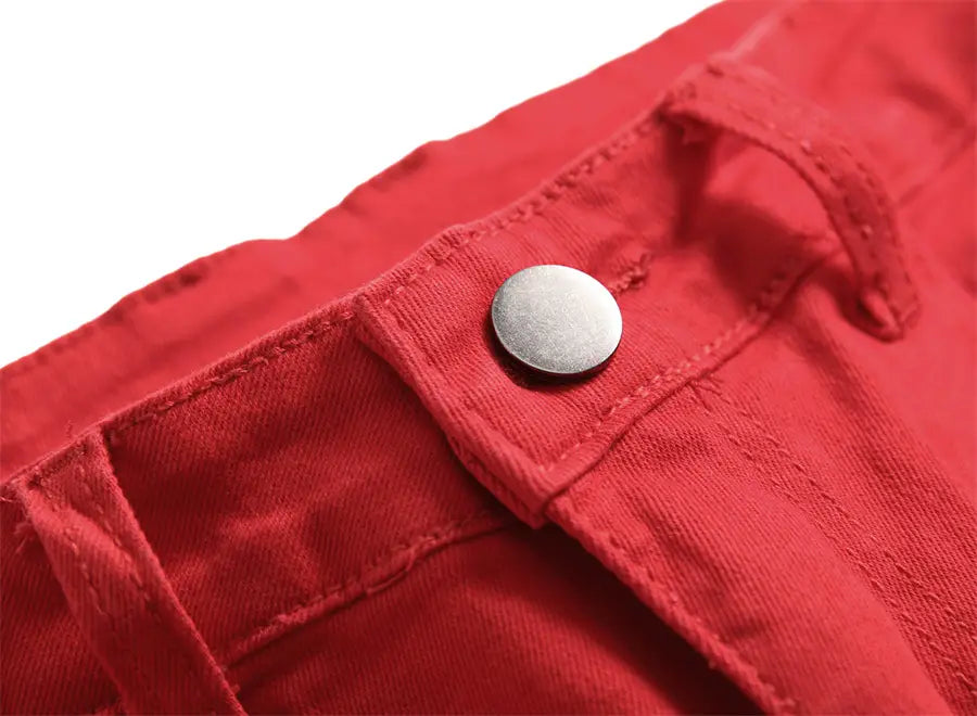 2026 New Men’s Casual Jeans Trendy Red Hip Hop Holes Slim Denim Pants Ripped Trousers Versatile Stretch Distressed Pants Male