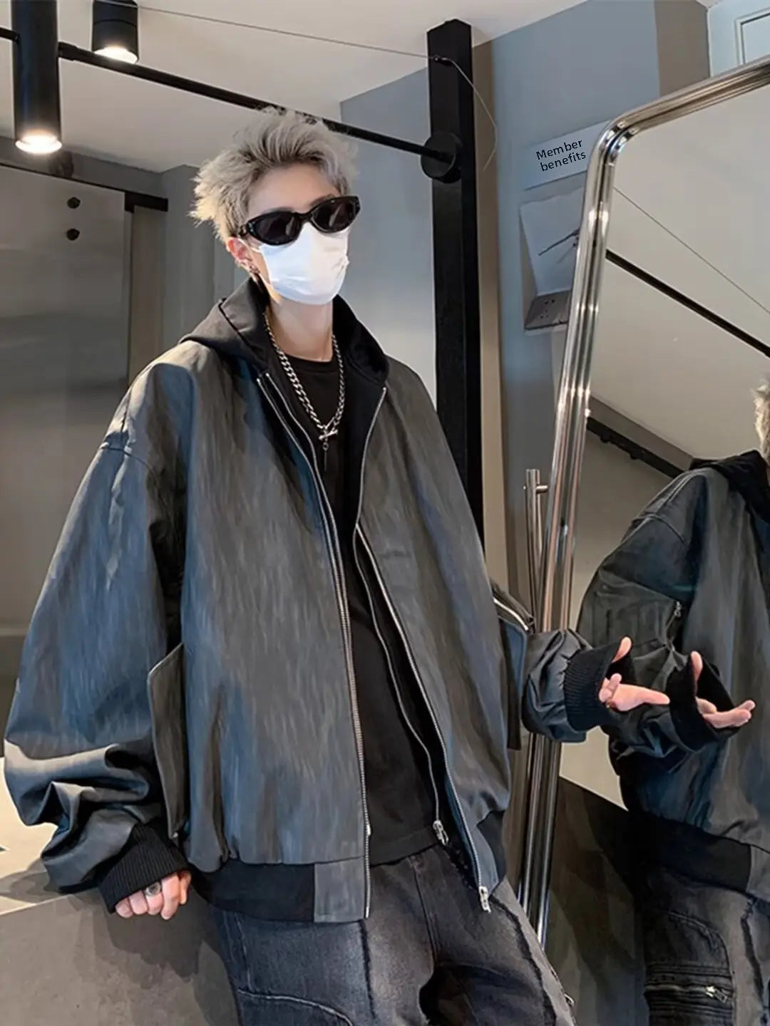 Hip Hop Style Fake Two-Piece Men’s Spring Autumn Baseball Jacket Pilot Coat Leather Shirt Trendy Handsome Hooded Coat