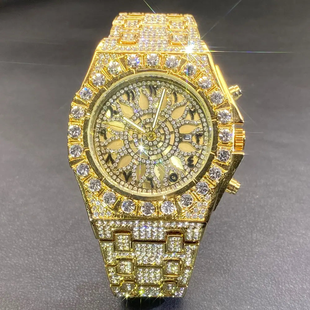 MISSFOX Hip Hop Wristwatch For Men Luxury lce Out Full Diamond Watches Fashion Green Watch Wterproof Week Display Clock 2025