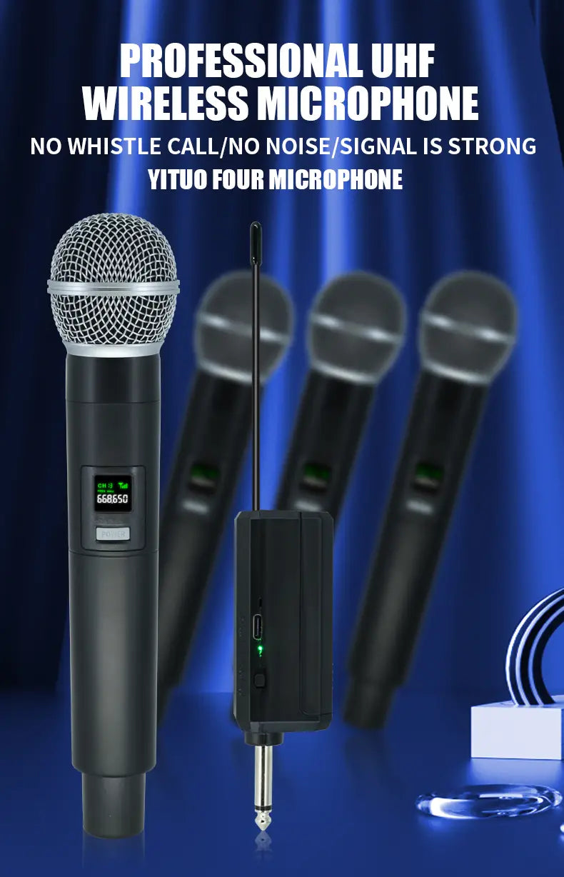 Professional Wireless Microphone 4 Channels Karaoke Handheld Chargeable Easy Use Outdoor With Suitcase