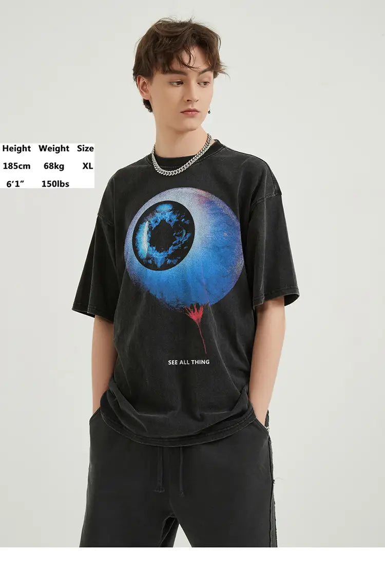 Hip Hop Retro Washed Black T-Shirt Streetwear Big Eyeball Graphic T Shirt Cotton Unisex Tshirt Men Tops Tees Dope Y2K