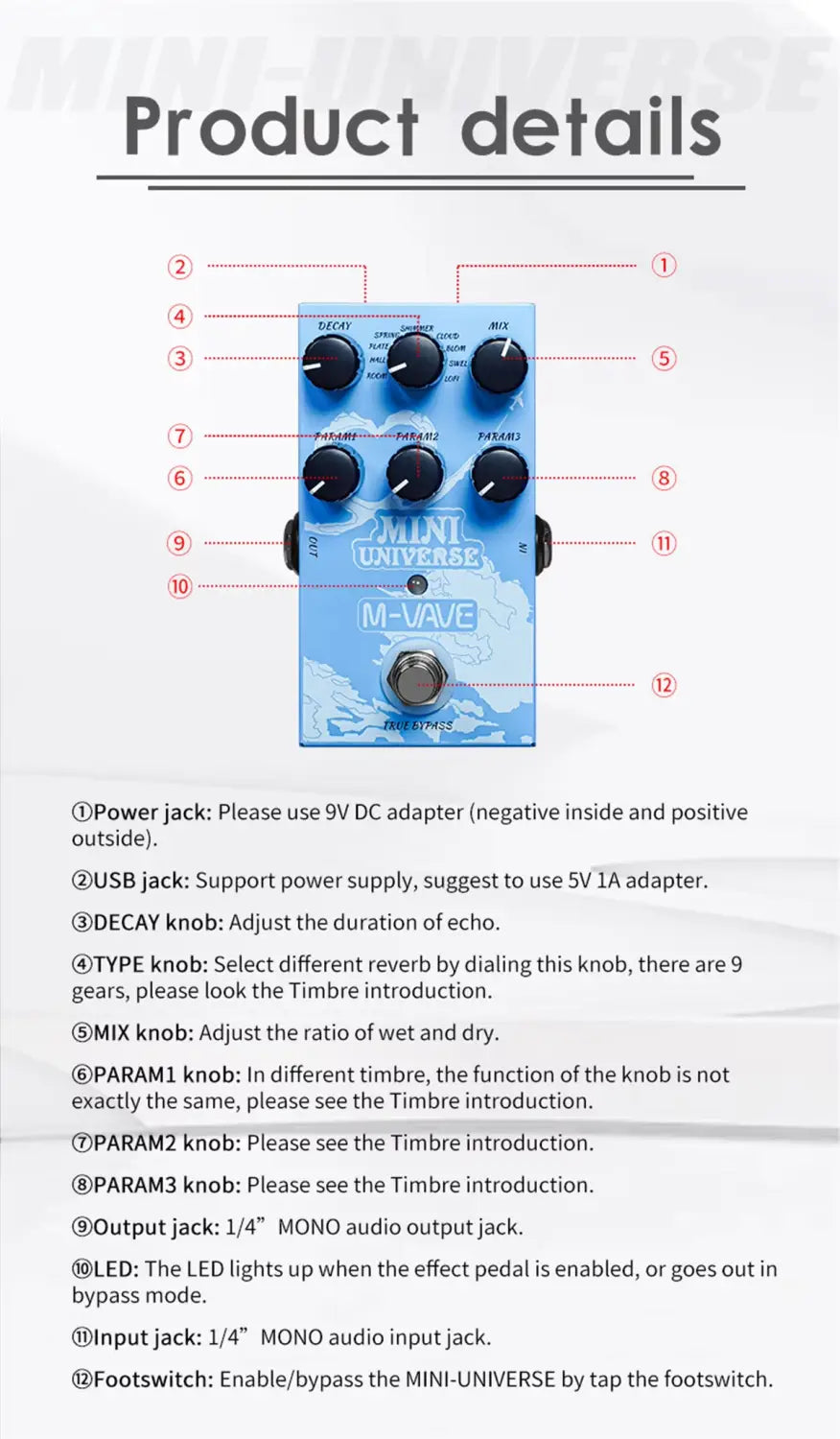 M-VAVE Mini Universe w/ 9 Modes & Room/Shimmer | FX Live/Studio Reverb Machine | Guitar/Bass Signal Chain Optimized