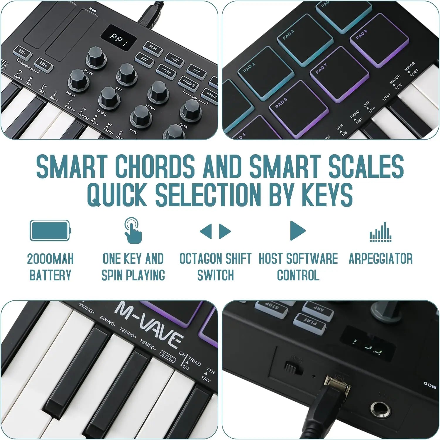 M-VAVE SMK-25 MIDI Keyboard Controller With 25 Velocity Sensitive Keys 8 Backlit Drum Pads Wireless Piano Keyboard