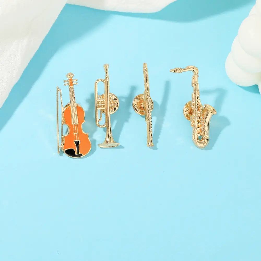 Funny Musical Instruments Enamel Brooches Trumpet Clarinet Saxophone Violin Shaped Golden Pins Symphony Orchestra Badge