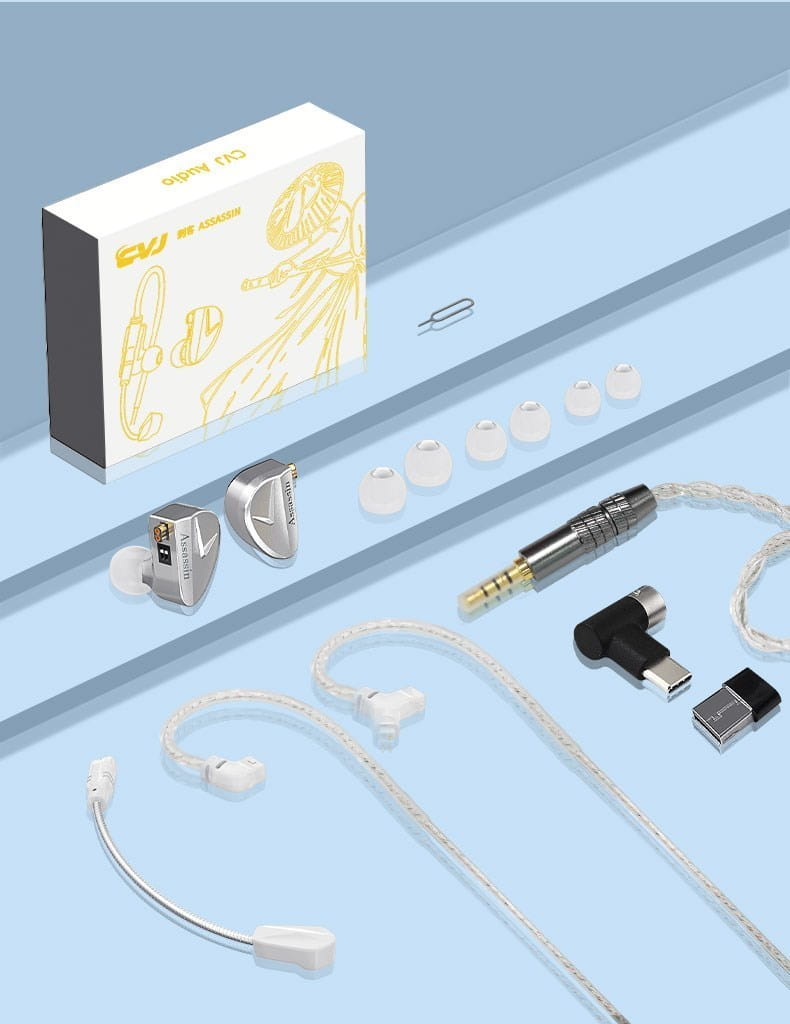 CVJ Assassin Silver in Ear Earphones 1BA + 1DD + 1Vibrate Game Mode HIFI Microphone Hybrid Tuning Switch Wired Earbuds IEM Headphone