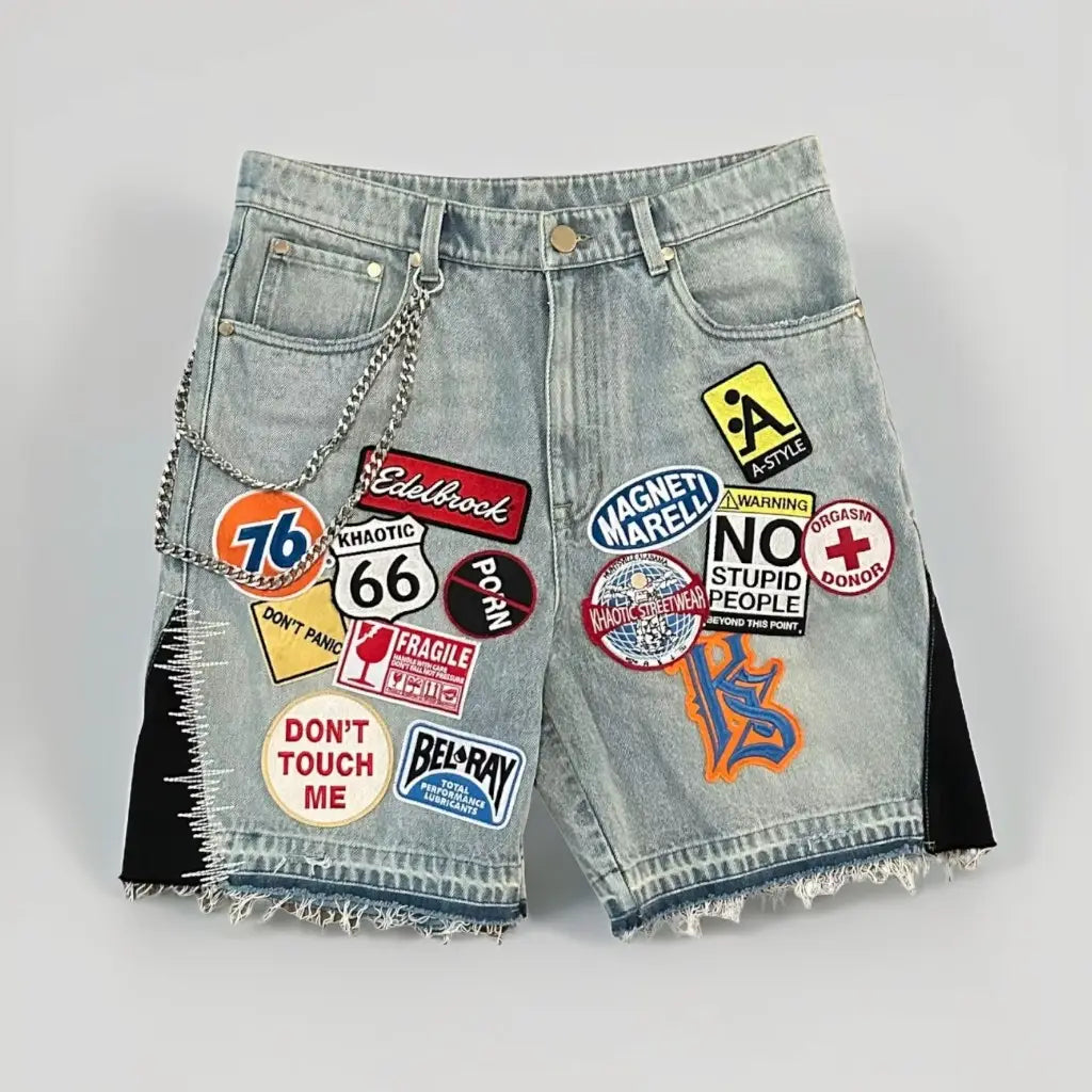 Retro Blue Streetwear Patchwork Denim Short Y2K Jeans Men Women Hip Hop Cartoon Graphics Loose Camo Denim Fitness Casual Shorts
