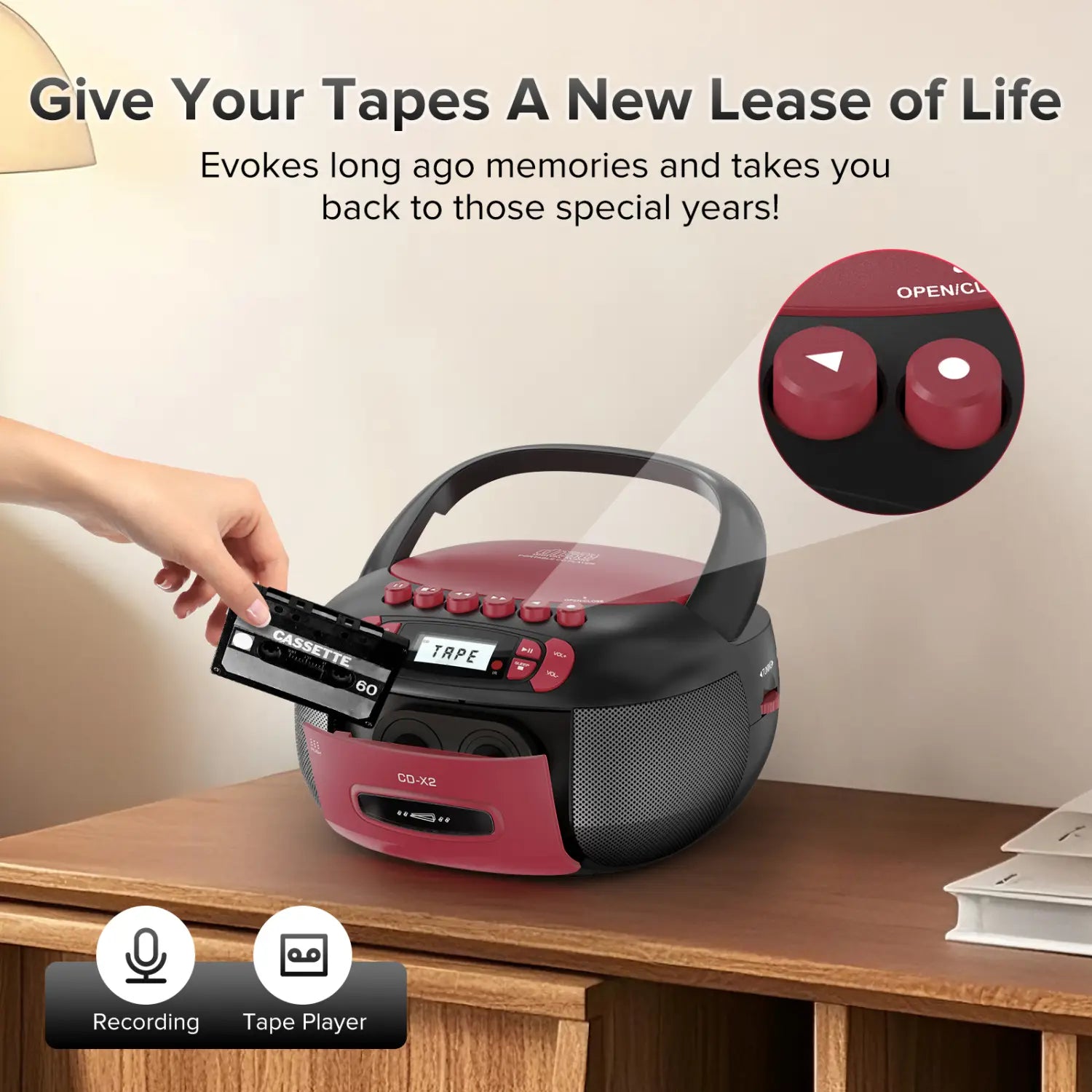 Boombox CD Cassette Player Combo: Stereo Sound AM FM Radio with Bluetooth and Remote - AUX/USB MP3/Tape Recording/Sleep Timer