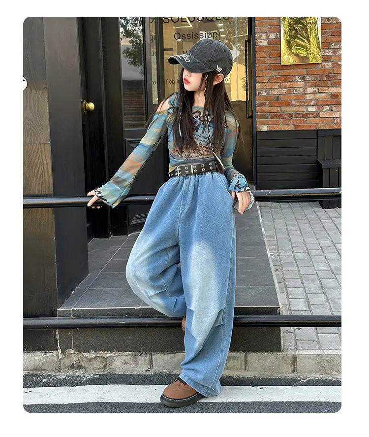 Hiphop Fashion Style Girl y2k Dance Clothes Set T-shirt And Jeans Hiphop Streetwear Kids Child Performance Costume Stage Outfits