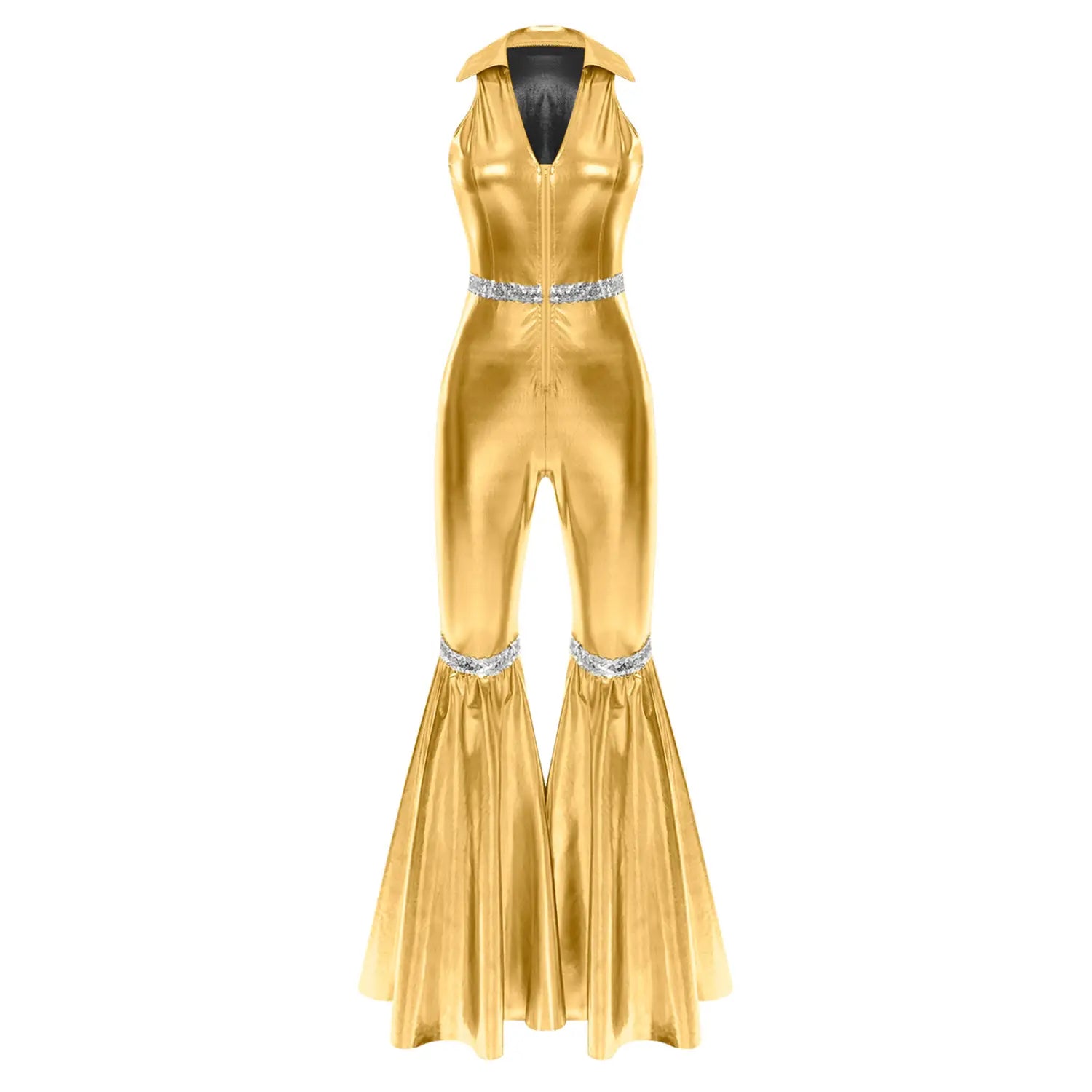 Adult Womens 70s Disco Rompers Lapel V Neck Sleeveless Front Zipper Sequins Bell Bottom Long Pants Jumpsuit Retro Jazz Dancewear