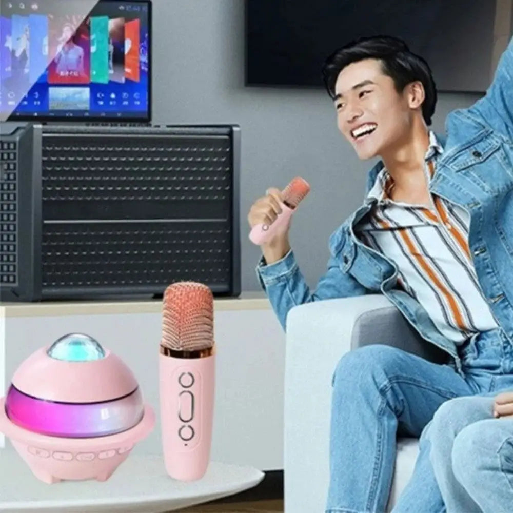 Karaoke Machine Mini Bluetooth Speaker with Projector Night Light Subwoofer Wireless Dual Microphones Stereo Surround Singing