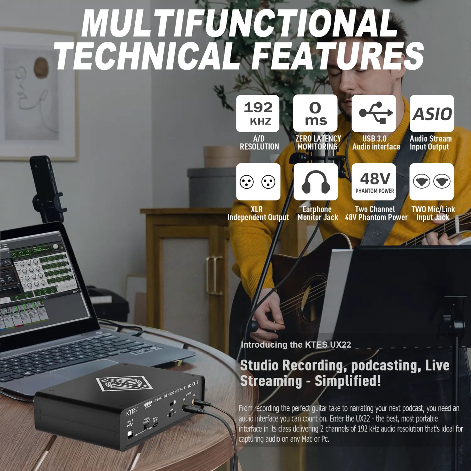 UX22 Audio Interface 192kHz 32-Bit USB Sound Card for Studio Recording Live Streaming Podcast DAW Music Production & YouTube