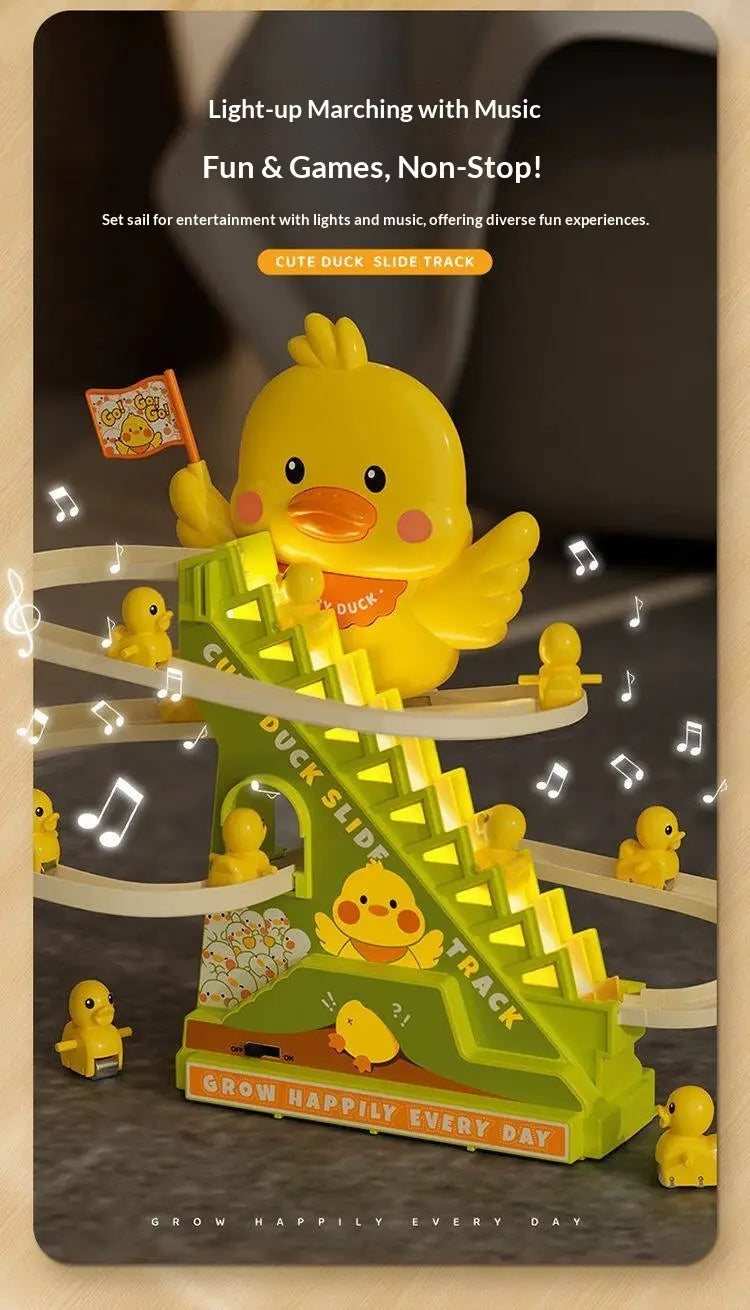 Electric Duck Climbing Stairs Toy with LED Lights & Music Roller Coaster Track Slide Parent-Child Interactive Toy for Kids