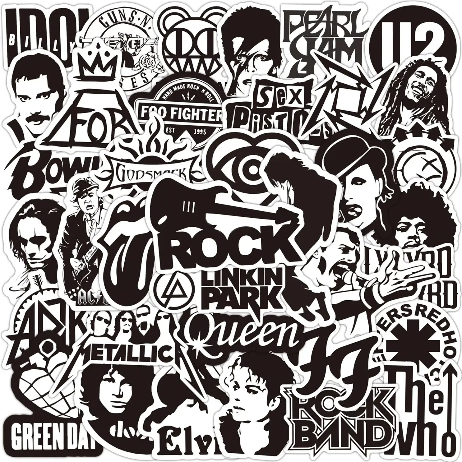 Rock Music Stickers White and Black Fashion Band Graffiti for iPad Car Phone Guitar Motorcycle Skateboard Luggage 50Pcs
