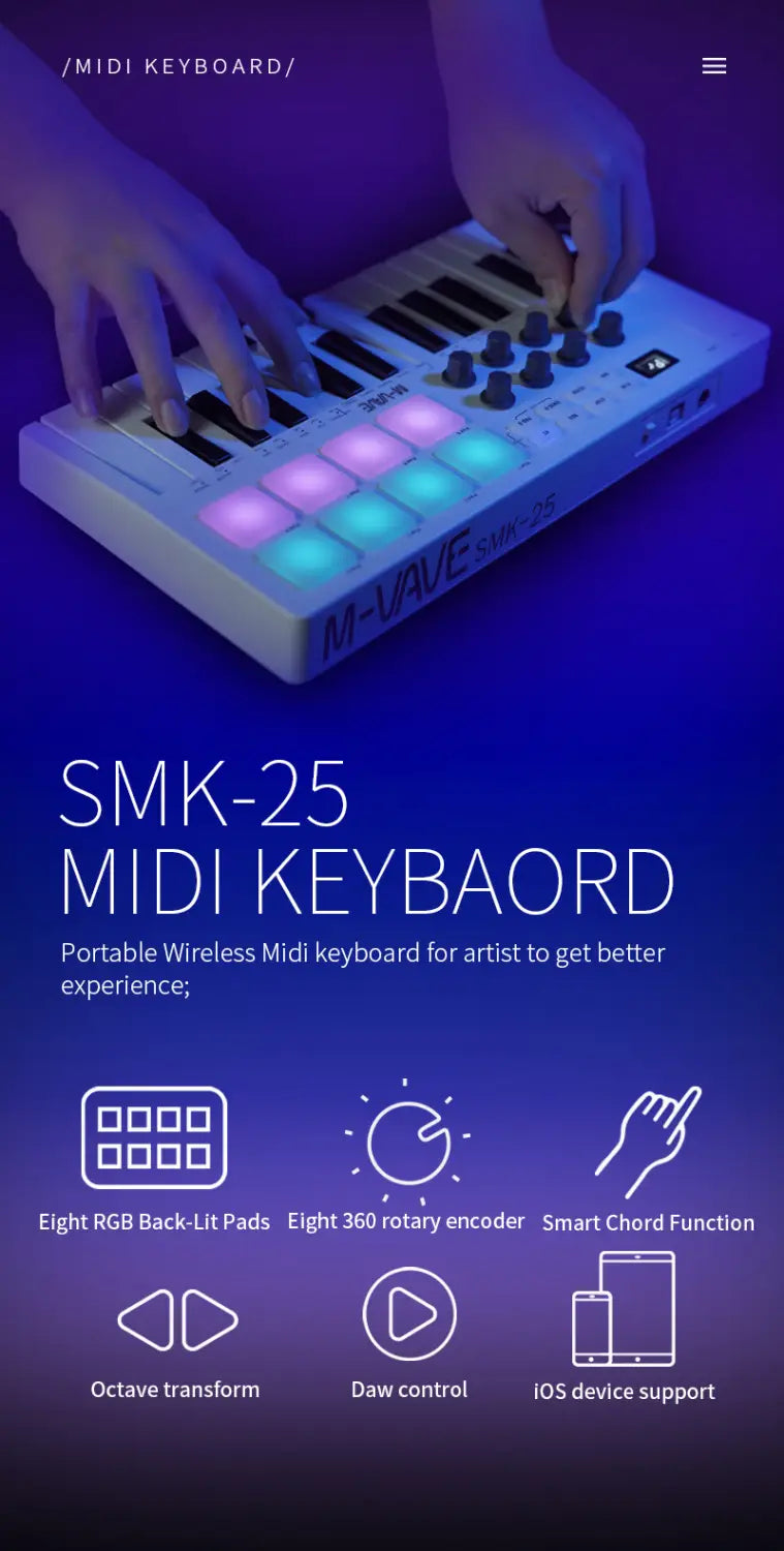 M-vave SMK-25 Mini 25 Keys Wireless / USB MIDI Keyboard Controller With 8 Backlit Drum Pads 8 Knobs and 2 Touch Stripes