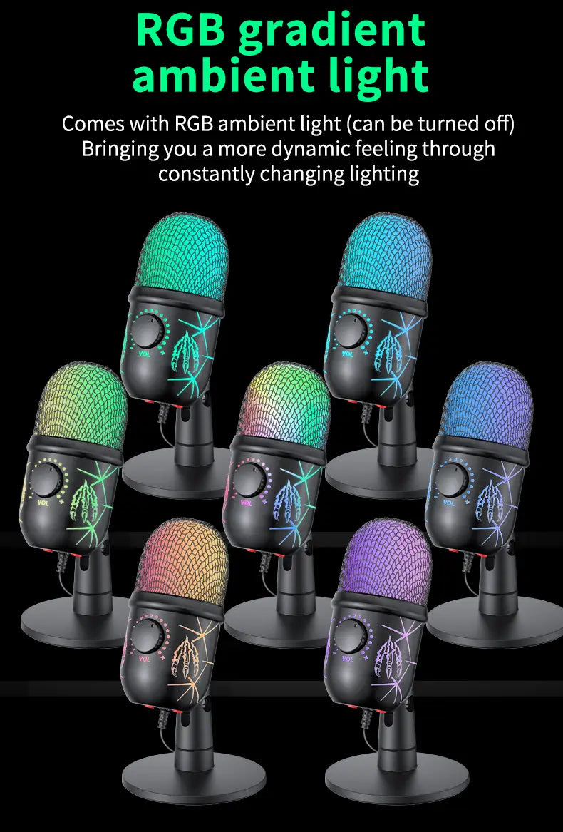 Gaming Microphone USB Microphone for PC Condenser Podcast Mic for Studio Recording with Headphone Jack Led Noise Cancellation
