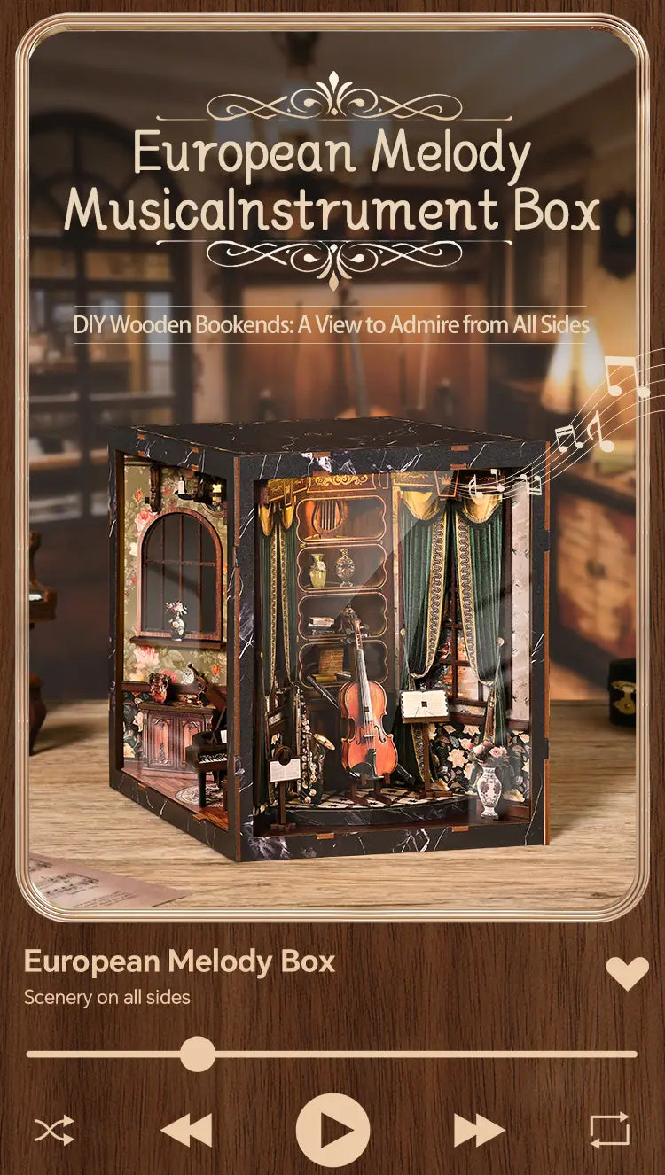 European Melody Musical Instrument Box DIY Miniature House 3D Puzzle Bookend Model Wooden Bookend. Creative Gift