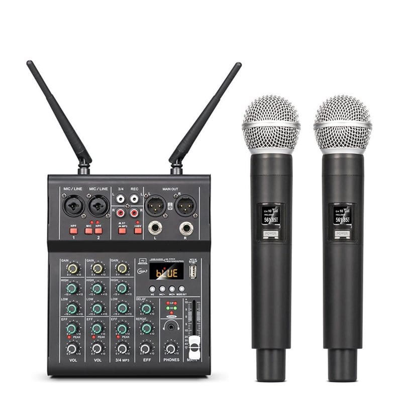 FULL-4 Channel Sound Mixer With Dual UHF Wireless Microphone DJ Console Mixing For Karaoke Party PC Studio Recording