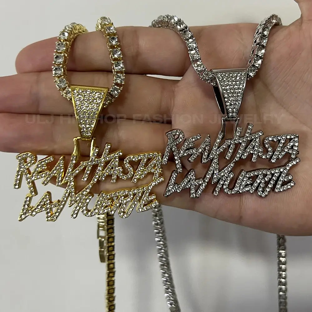 Hip Hop Street Style realhasta lamuerte Letter Bling Pendant Necklace 4mm Bling chain Iced out Bling For Rapper Cool Jewelry