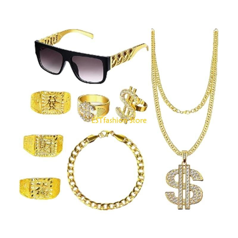 Y5GC 8Pcs Hip Hop Costume Dollar Sign Pendant Necklace Hip Hop Dollar Rings Sunglasses Bracelets Set Rapper Accessories