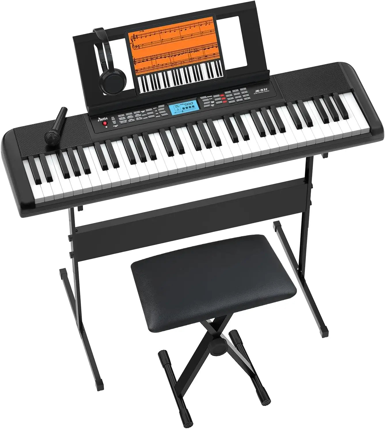 61-Key Portable Electric Piano Keyboard with LCD Screen Speakers Headphone Jack Stand Stool & Accessories