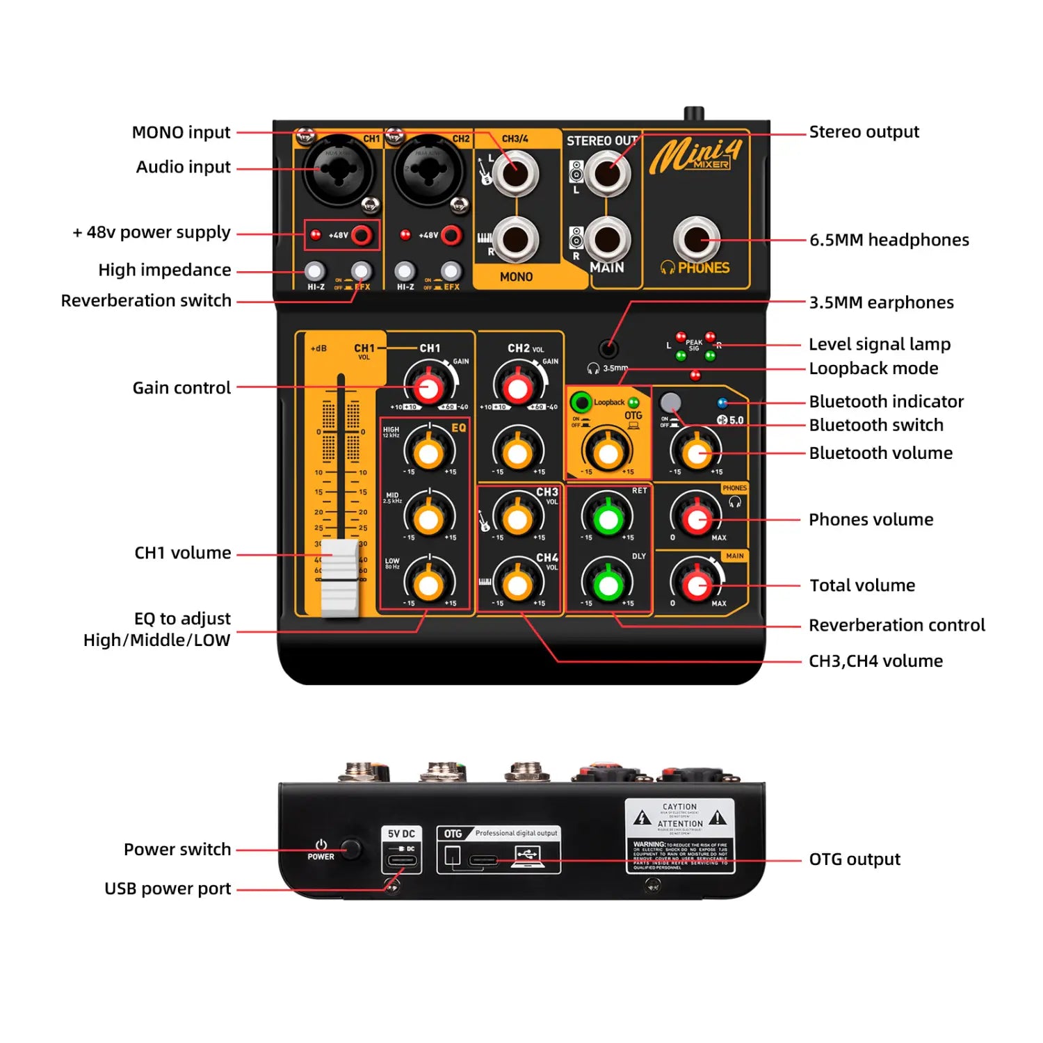 Debra OTG Audio Mixer DJ Console Mini4 Interface Bluetooth 48V Power Delay Repaeat Effect For Sound Mixing Console PC Recording