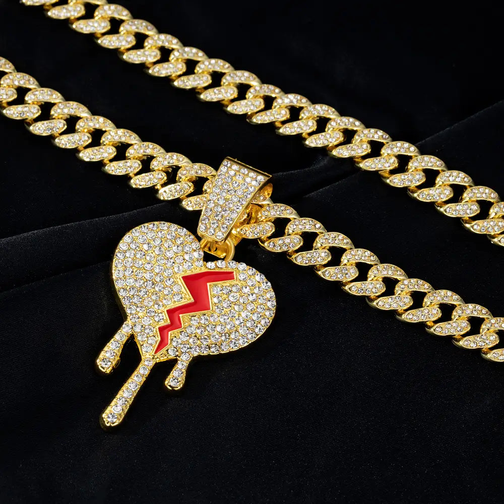 Hip Hop Iced Out Broken Heart Pendants Necklace with Miami Cuban Link Chain Heartbreak Necklaces Men Women Rapper Charm Jewelry