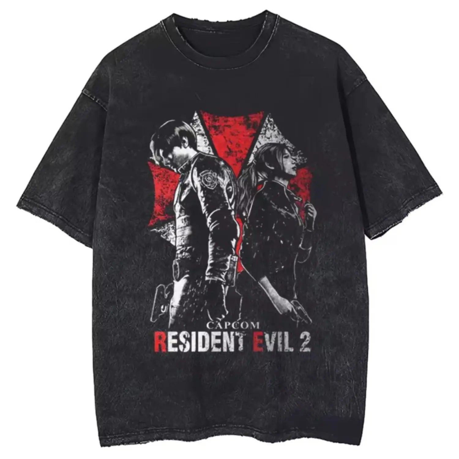 Hip Hop Washed Black T-shirt Street Clothing Retro Pattern Resident Evil T-shirt Cotton Hippie Unisex T-shirt Men’s Gym Top