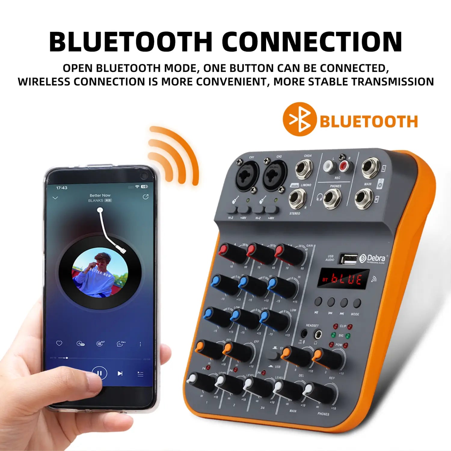 IKGE D4M Mini 4-Channel Audio Mixer DJ Console with Reverb Bluetooth 5.0 USB Sound Card 48V for PC Recording Karaoke