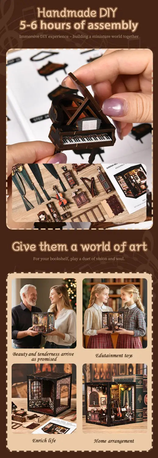 European Melody Musical Instrument Box DIY Miniature House 3D Puzzle Bookend Model Wooden Bookend. Creative Gift