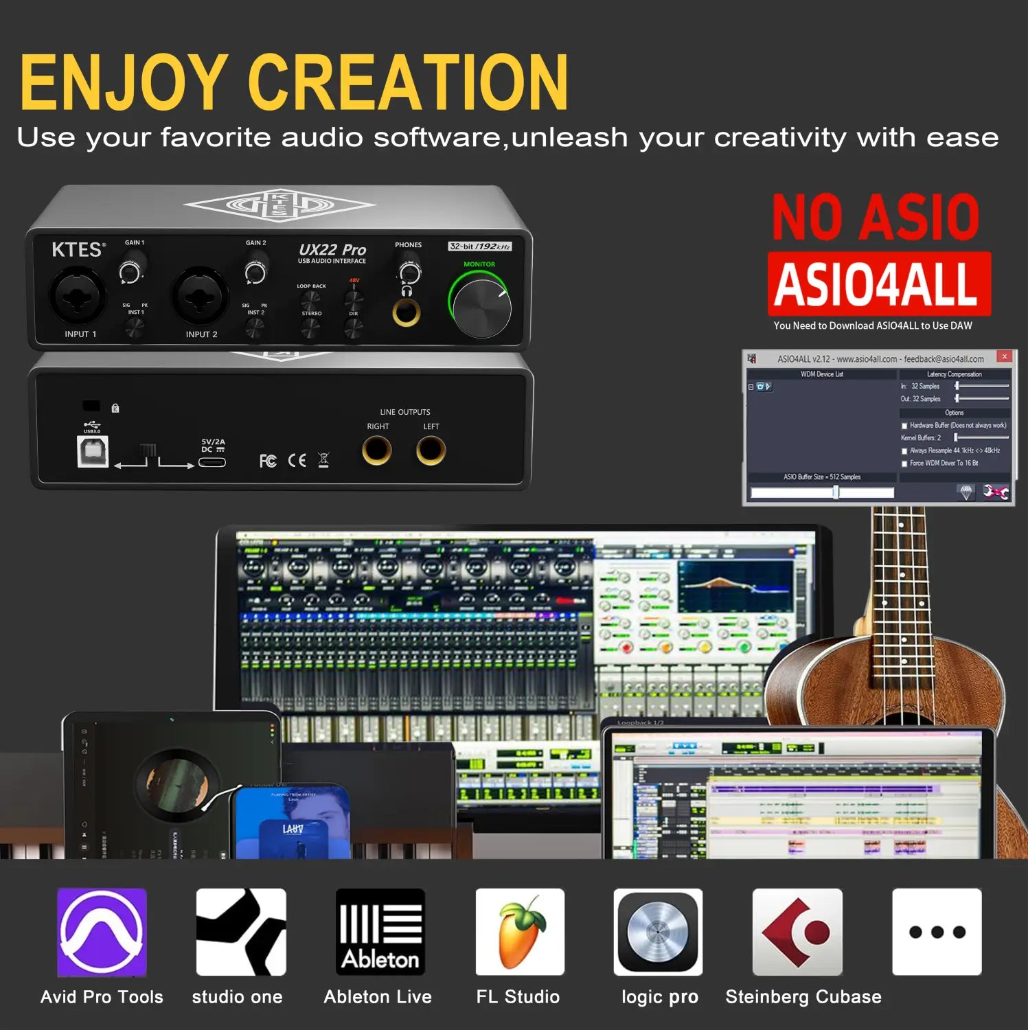 UX22 Pro Audio Interface 192kHz 32-Bit USB Sound Card for Studio Recording Live Streaming Podcast DAW Music Production & YouTube