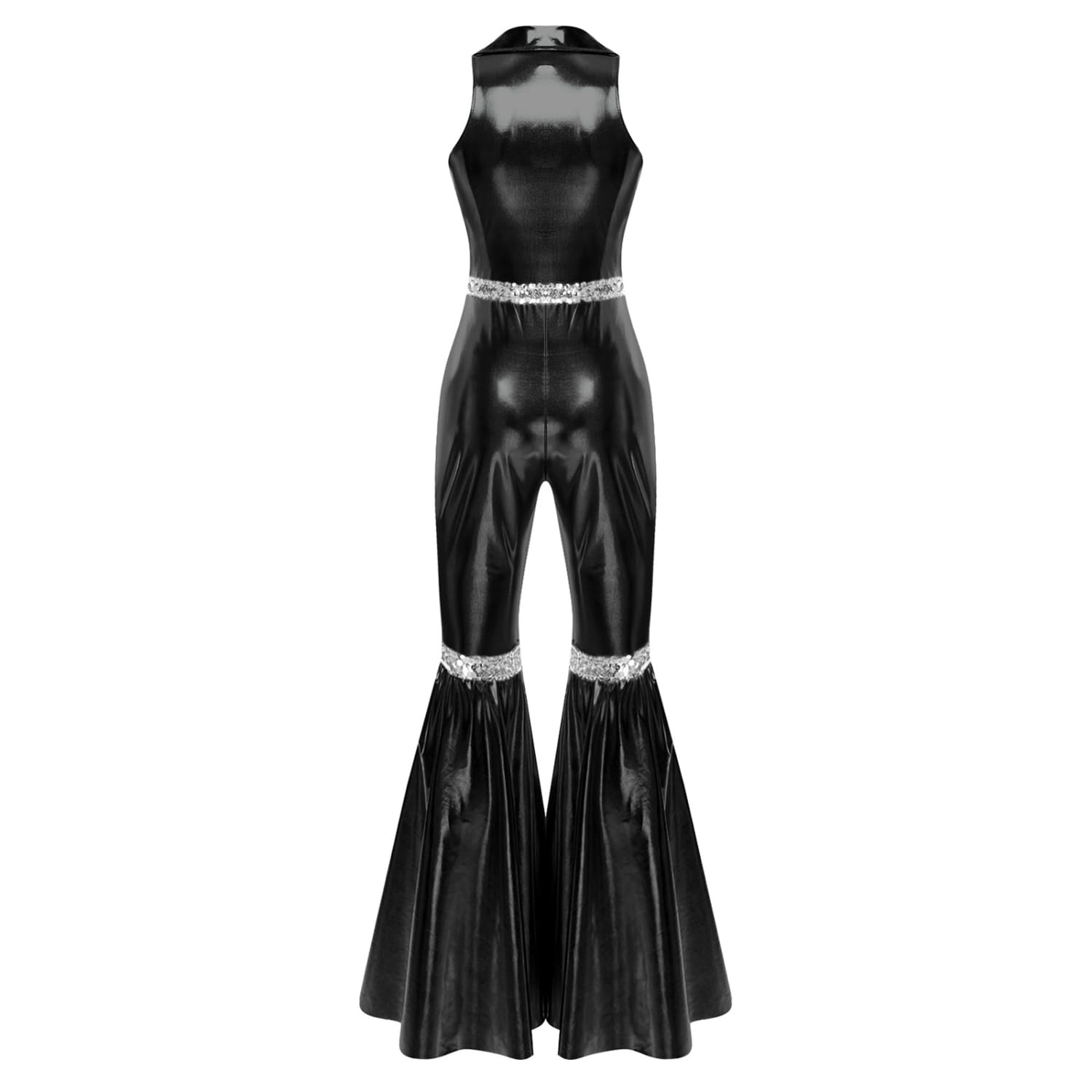 Adult Womens 70s Disco Rompers Lapel V Neck Sleeveless Front Zipper Sequins Bell Bottom Long Pants Jumpsuit Retro Jazz Dancewear