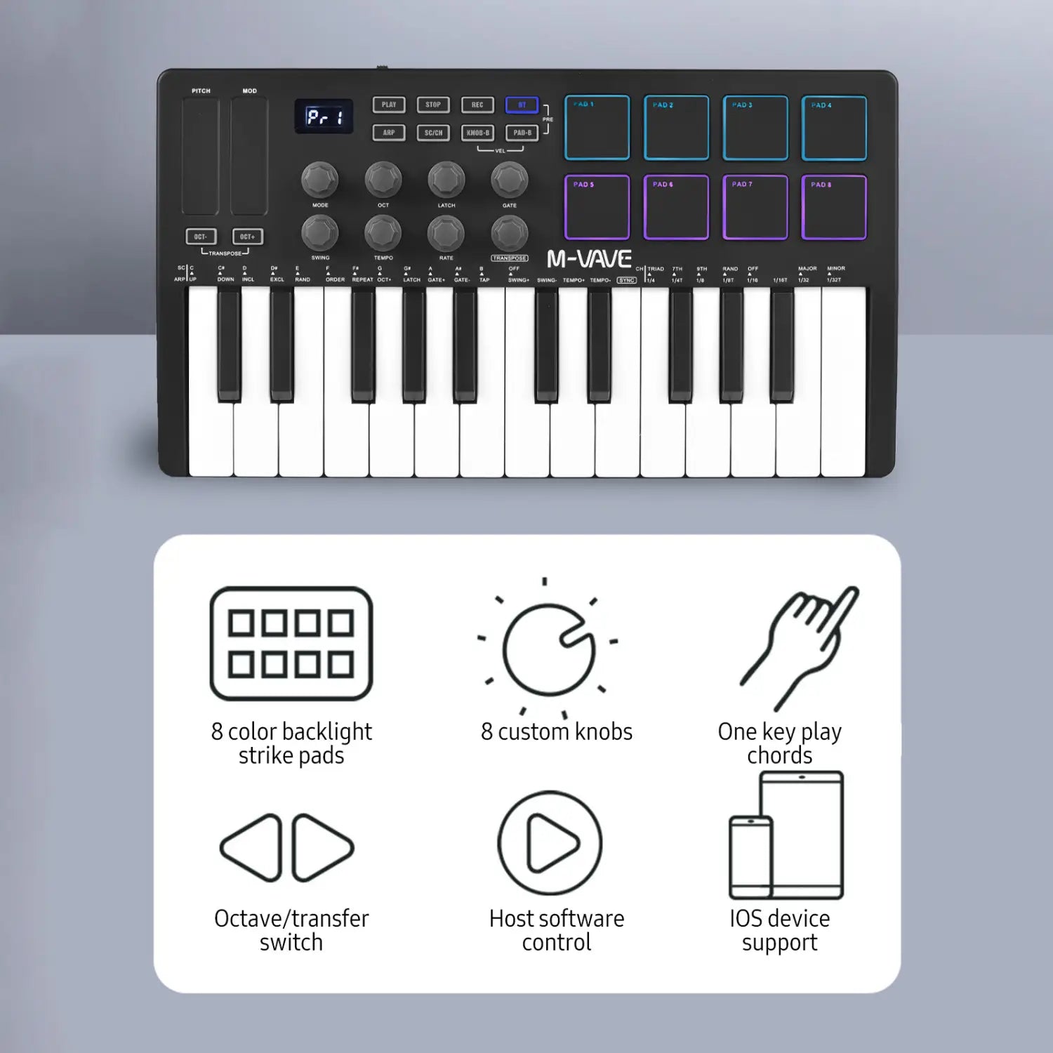 M-vave SMK-25 Mini 25 Keys Wireless / USB MIDI Keyboard Controller With 8 Backlit Drum Pads 8 Knobs and 2 Touch Stripes