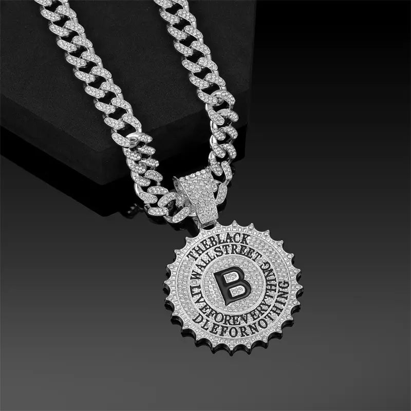 Hip Hop Round B Letter Pendant Necklace Men Gold Sliver Color Ice Out Crystal Sign Rock Pendant Rapper Bling Jewerly