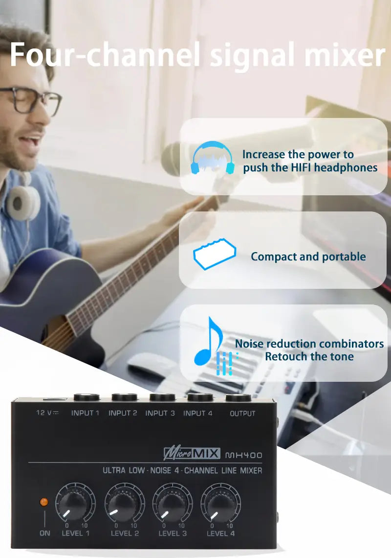 MX400 Mini 4-Channel Audio Mixer Ultra Compact Sound Low Noise With Power Adapter DJ Karaoke Audio Mixer Headphone Amplifier