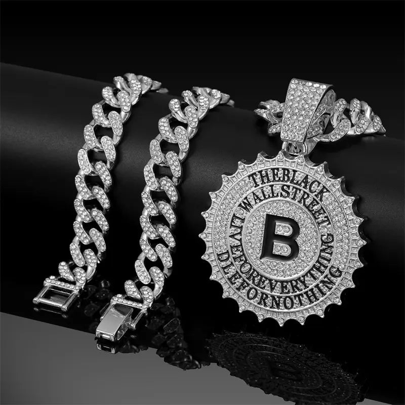 Hip Hop Round B Letter Pendant Necklace Men Gold Sliver Color Ice Out Crystal Sign Rock Pendant Rapper Bling Jewerly