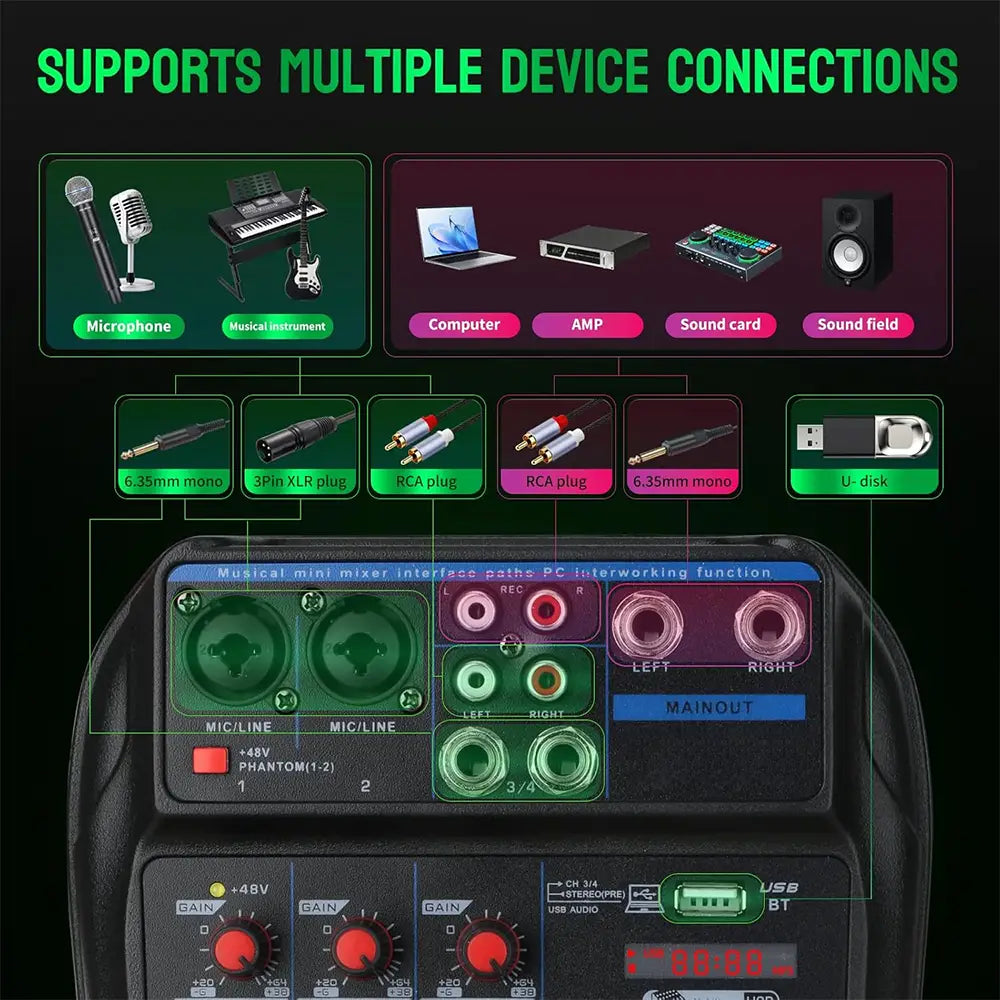 TAVOSOP Portable 4 channel audio mixer Recording Sound Console card With BT 48V USB interface for DJ Karaoke PC MP3 microphone