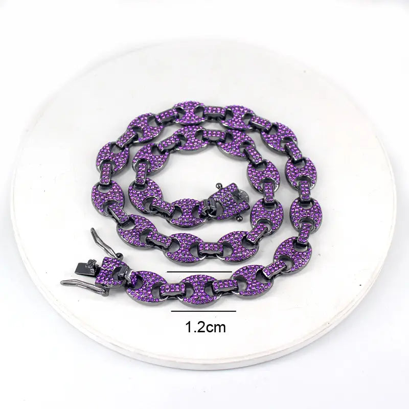 Men Women HipHop 12mm Black Purple Coffee Bean Link Necklace Bracelet Purple Cuban Chain Necklaces Fashion Jewelry Rapper Gift