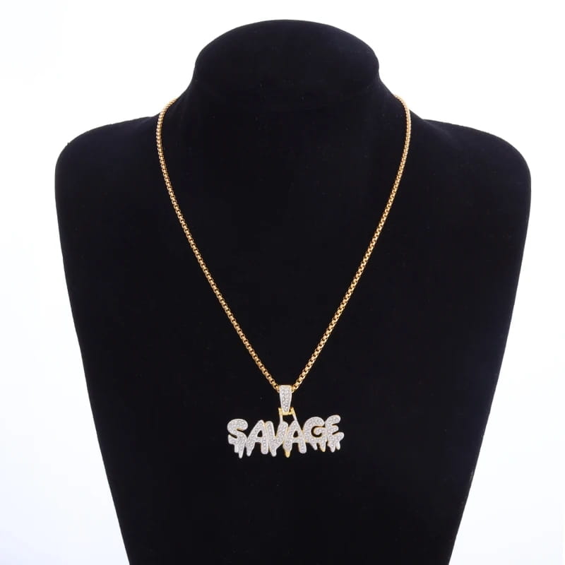 Bling Iced Out Savage Pendant Cubic Zirconia Letter Necklace for Men Women Hip Hop Rock Rap Party Jewelry