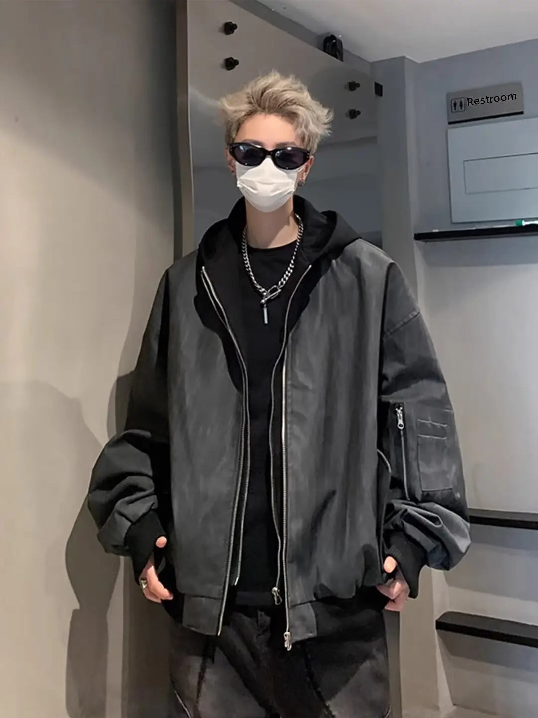 Hip Hop Style Fake Two-Piece Men’s Spring Autumn Baseball Jacket Pilot Coat Leather Shirt Trendy Handsome Hooded Coat