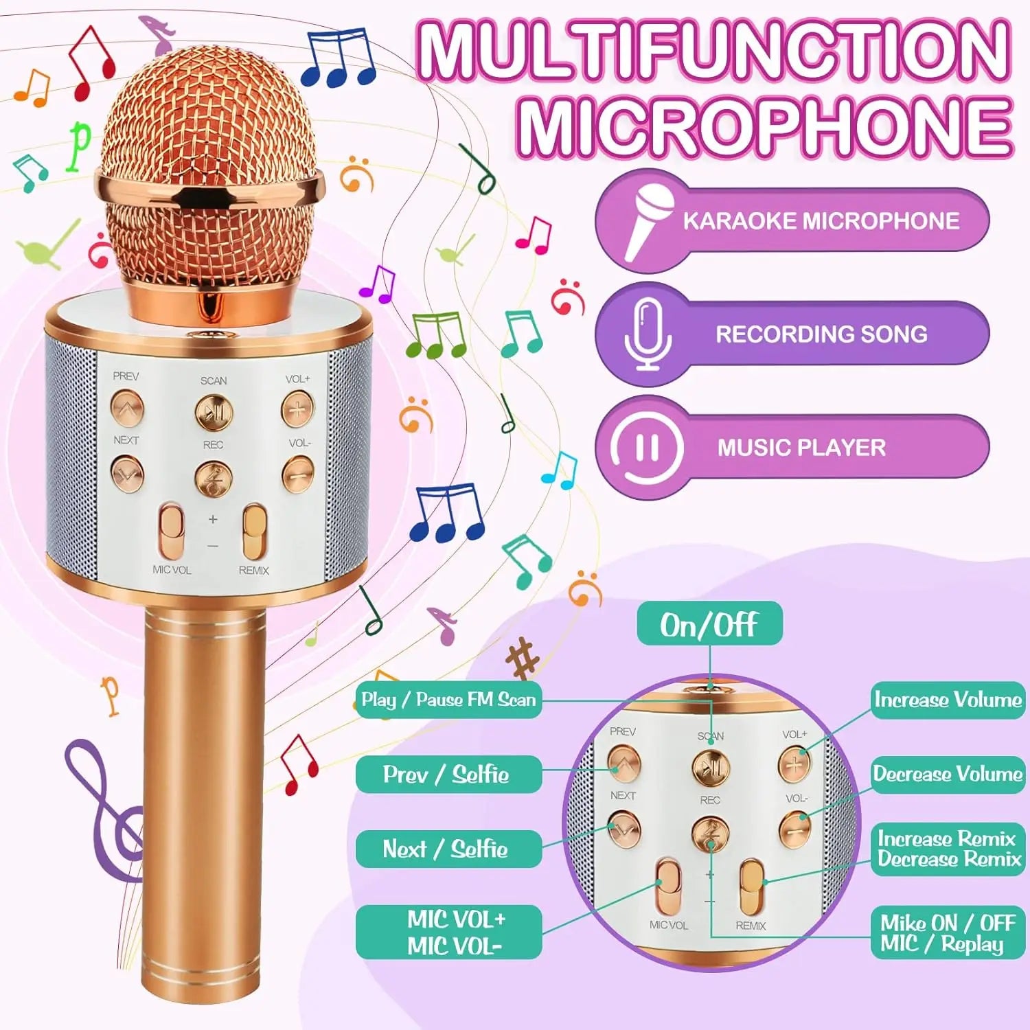Wireless Bluetooth Karaoke Microphone for Kids 5-in-1 Portable Handheld Karaoke Mic Speaker Player Recorder with FM Radio