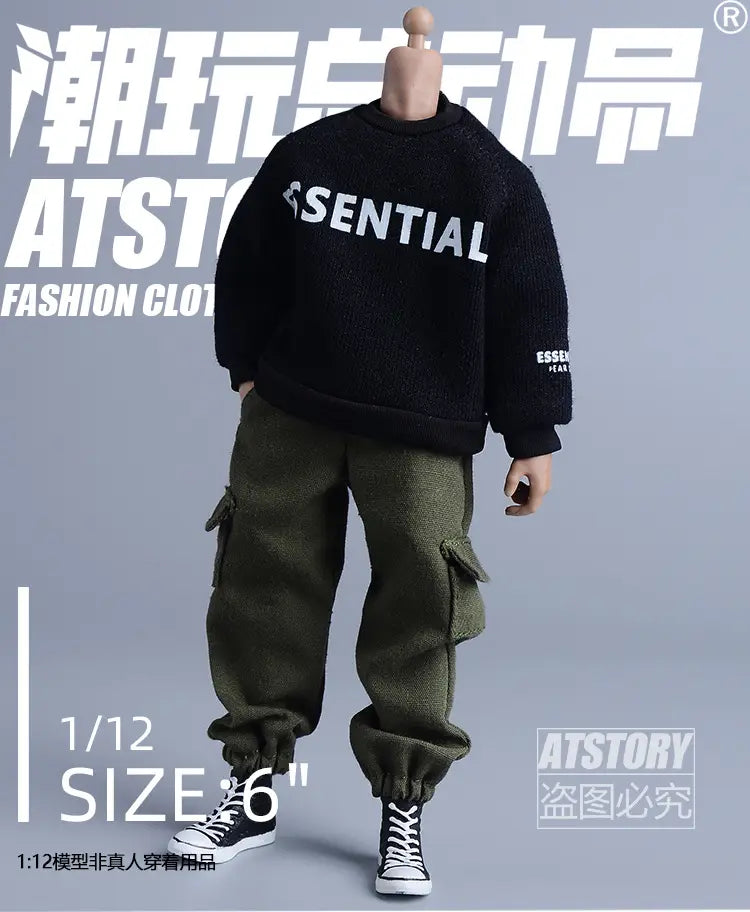 1/12 Male Hip Hop Casual Fashion Loose Street Cargo Pants Trousers With Pockets Half Zipper Pullover For 6’’ Action Figure Body