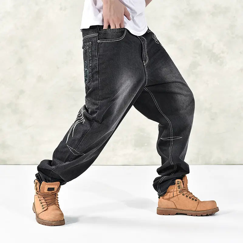 Hip Hop Graphics Embroidered Jeans Men Oversized Loose Fat Guy Skateboard Pants Streetwear Trendy High-quality Denim Trousers