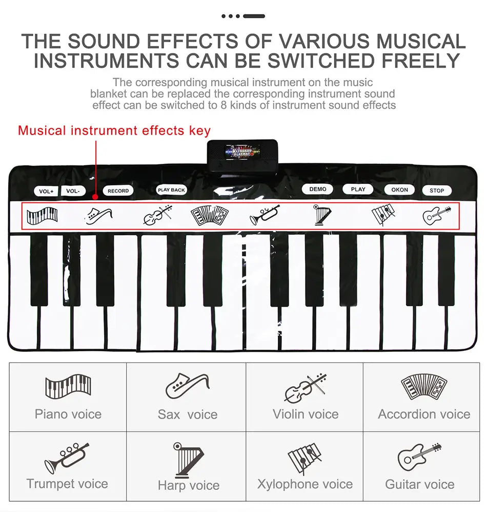 180x72cm Children Musical Toys Play Piano Keyboard Mat Music Instrument Game Carpet Multifunction Educational Toys For Kids Gift