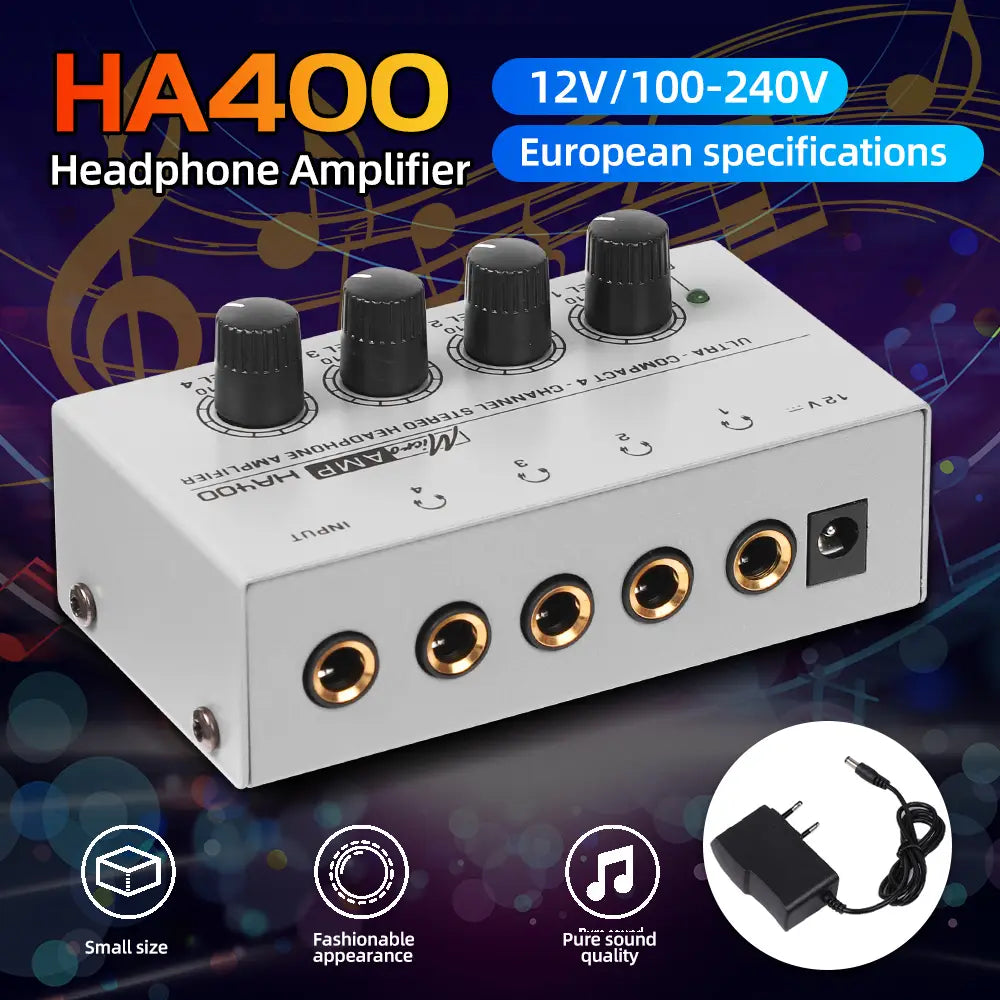 Headphone Amplifier Ultra-Compact Stereo Earphone Amplifier Audio Amplifier 4 Channels for Music 6.35MM Jack with Volume Control
