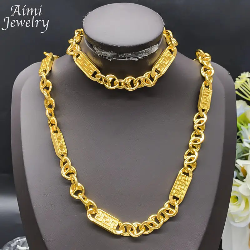 Hip Hop Trendy African Jewelry Set for Men Women Chunky Necklace Bracelet Gold Plated Fashion Jewellery for Party Daily Gifts